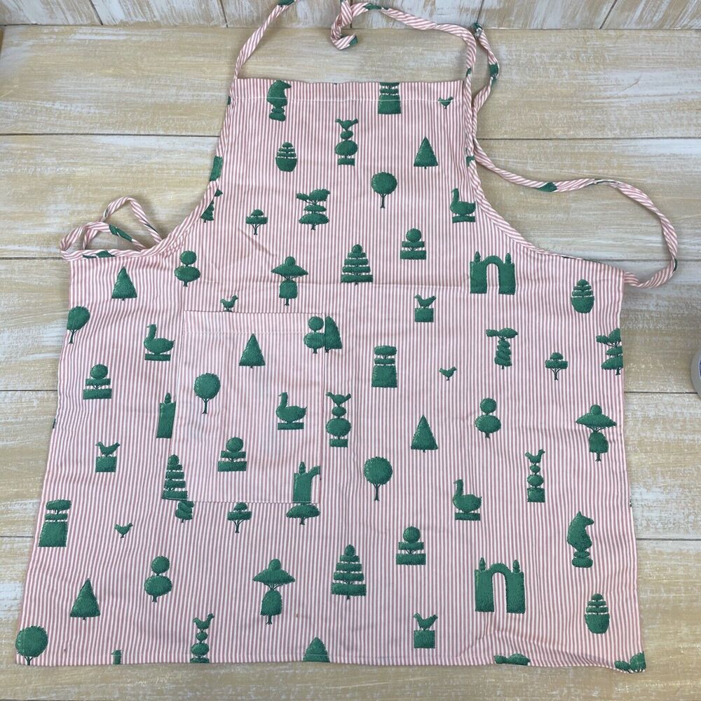 At Home With Waverly Fabric APRON Cotton Pink Stripe Green Trees Pocket Ties